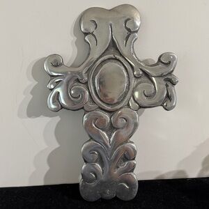 French Scroll Metal Silver Toned Cross 12” x 8 Vintage Wall Decor Mexico